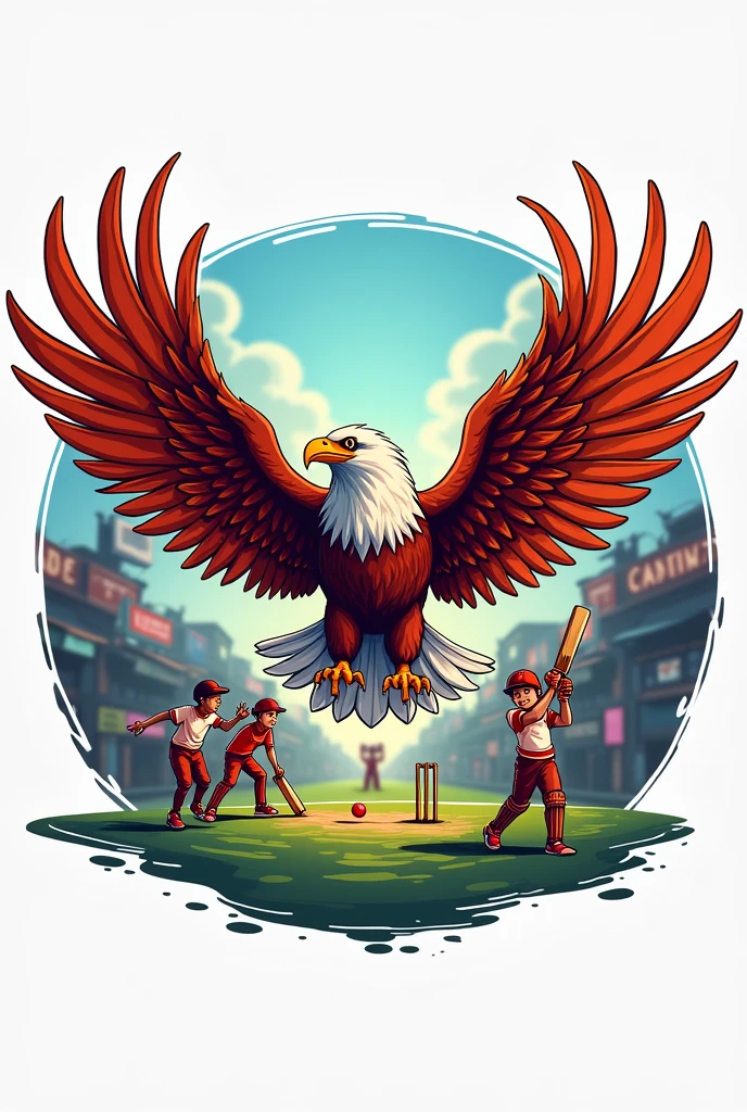 Create a logo with open wing eagle and PUT name STREET PREMIER LEAGUE AND ADD CHILDREN PLAYING CRICKET with cricket bat and ball having both side stumps in Indian local street