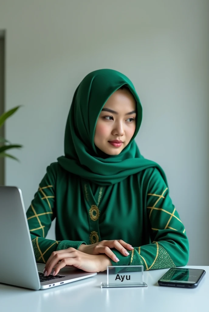 realistic photo of a beautiful Indonesian woman wearing a green batik hijab sitting on a chair facing a laptop at a table, Acrylic table nameplate with “AYU” written on the top, holding smartphone, WhatsApp conversation display appears, make sure the question says &quot;Let&#39;s have lunch at the usual place, sis&quot; and the answer says &quot;ready&quot;. very detail. realistic 16k.bold font