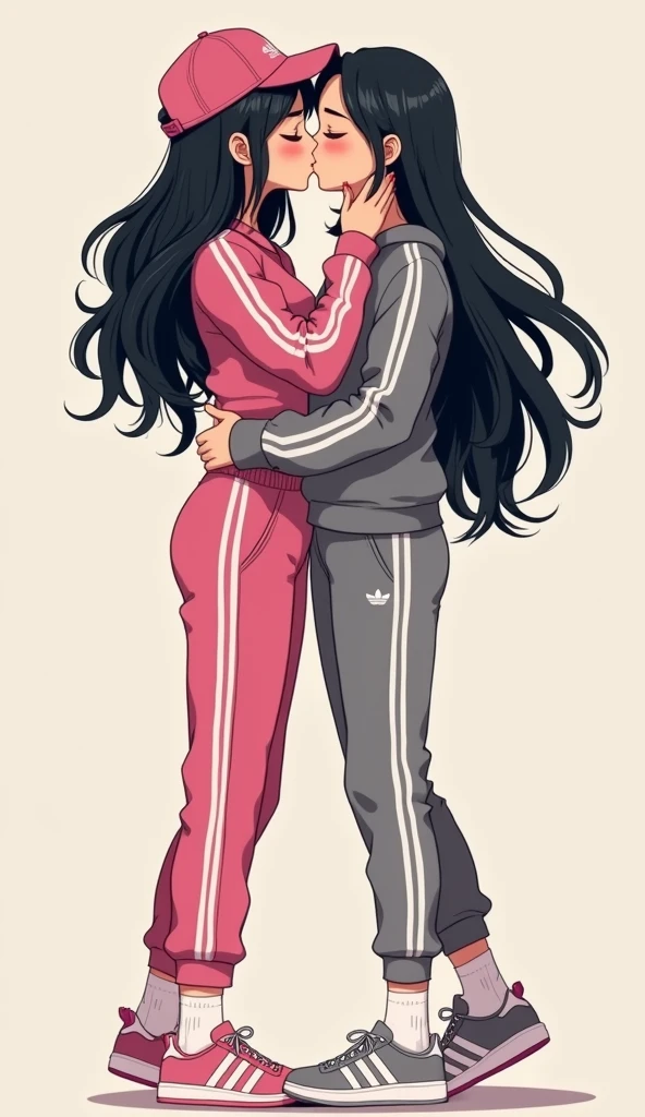 Two girls long black hairs, yuri, girl love.
The first girl wear a pink adidas pants, pink adidas cap, white socks, white adidas sneakers.
The second girl wore a grey adidas pants, grey adidas cap, white socks, white adidas sneakers.
French kiss, lesbian kiss, hugging, sensual body, closed eyes, novel cartoon, 4K, HD