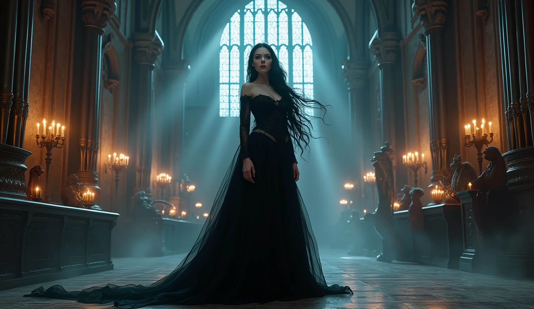 A seductive vampire queen with flowing dark hair and piercing red eyes stands in the grand hall of a gothic castle. The moonlight filters through tall stained glass windows, casting eerie shadows as she plays a haunting melody on a grand pipe organ, surrounded by glowing candles and ancient musical instruments. Aim for realistic depiction, make sure photos are at highest resolution (8K)