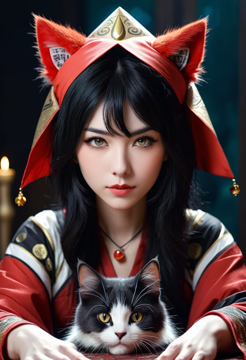 Monster Girl, Cat ear,20th Generation, fortune teller,Realistic Women, Black Hair,cute,spiritual,Front face