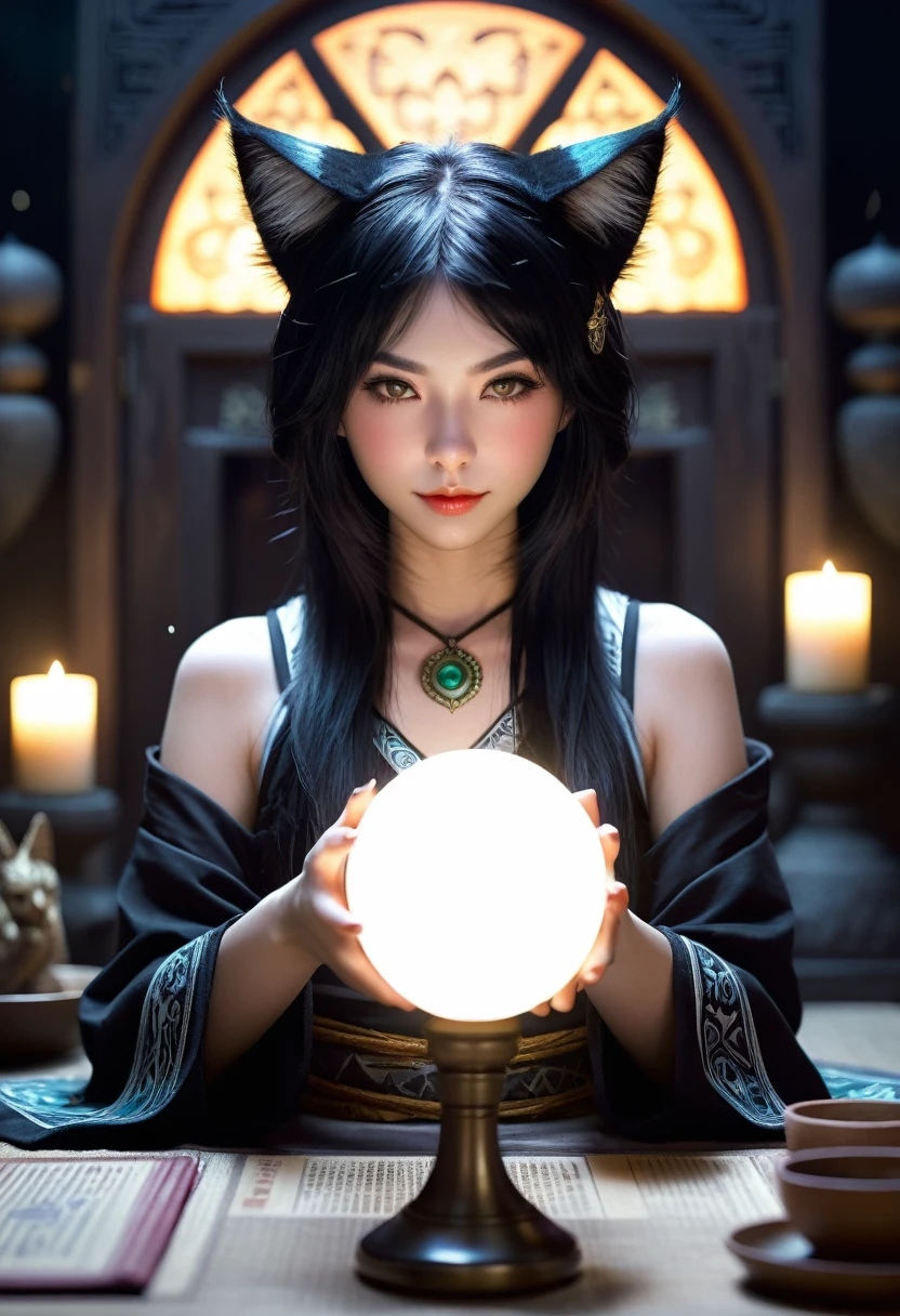 Monster Girl, Cat ear,20th Generation, fortune teller,Realistic Women, Black Hair,cute,spiritual,Front face