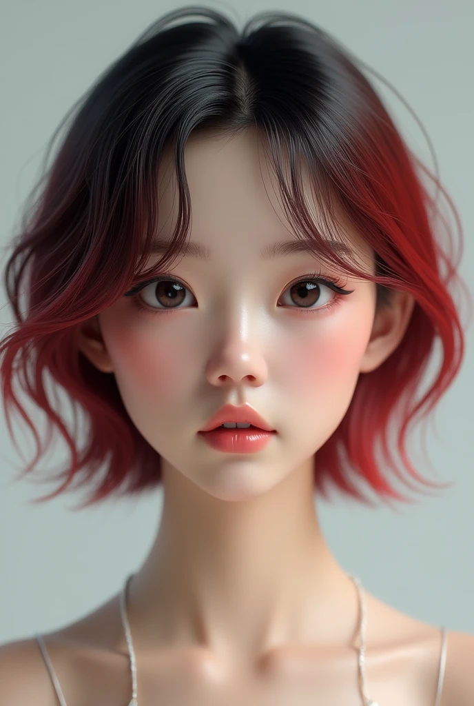 ((hyper detailed)) realistic, 1 female, female face, with red and black hair color, cute and beautiful, focus detailed eyes, lips and nose, short hair, tied, very korean look,((rendered in blender)), ((show only head and neck)), ((floating)), ((3d Work in progress)). ((3d style)) wide view camera facingnin front. center position.