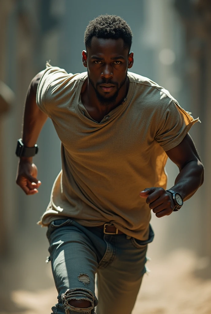 Real f black man((realistic)), He wear broken T-shirt ((high detail)), he is running ((masterpiece)), using a dynamic camera angle and dynamic pose