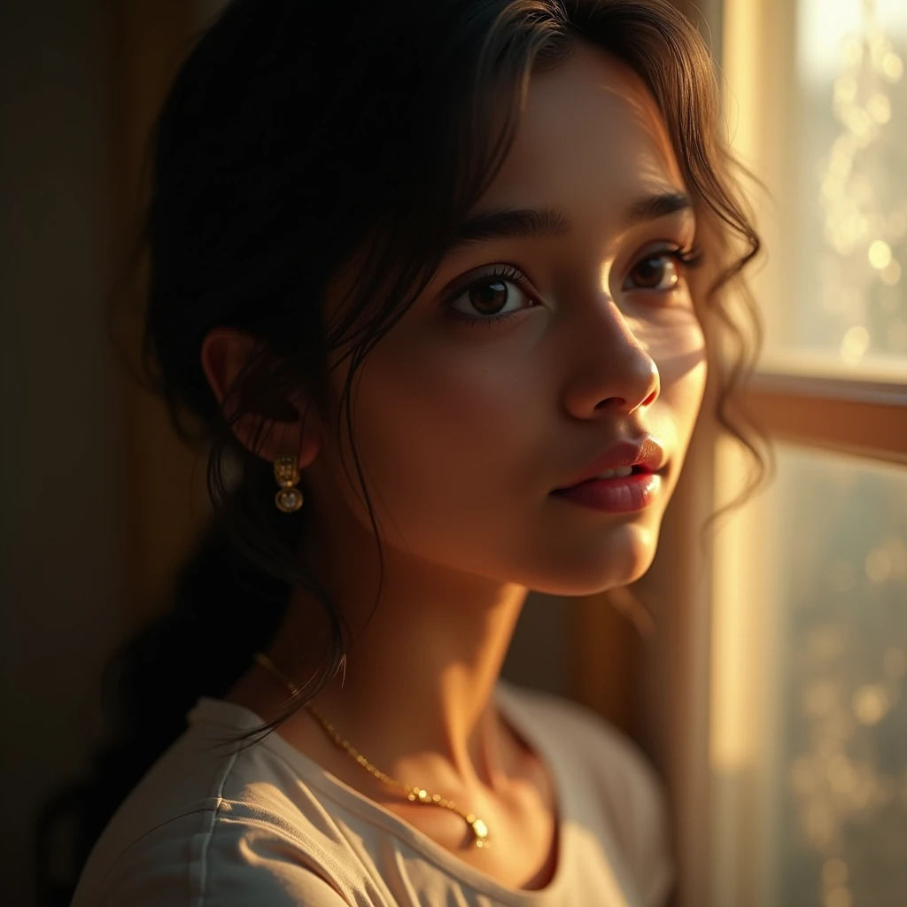 dressed, (photo realistic:1.4), (hyper realistic:1.4), (realistic:1.3), (smoother lighting:1.05), (increase cinematic lighting quality:0.9), 32K, 1girl,20yo Indian girl, realistic lighting, backlighting, light on face, ray trace, (brightening light:1.2), (Increase quality:1.4), (best quality real texture skin:1.4), finely detailed eyes, finely detailed face, (tired and sleepy and joy), (laugh:0), face closeup, t-shirts, (Increase body line mood:1.1), (Increase skin texture beauty:1.1)