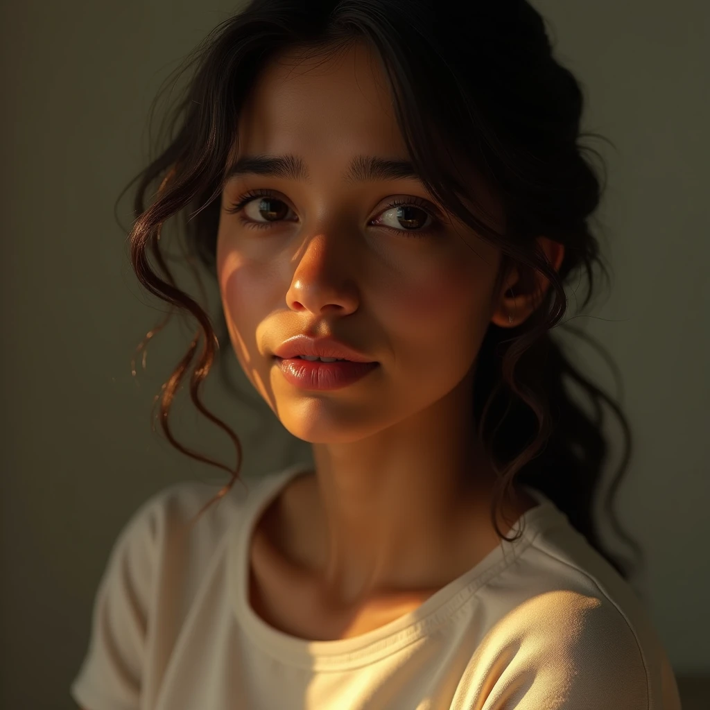 dressed, (photo realistic:1.4), (hyper realistic:1.4), (realistic:1.3), (smoother lighting:1.05), (increase cinematic lighting quality:0.9), 32K, 1girl,20yo Indian girl, realistic lighting, backlighting, light on face, ray trace, (brightening light:1.2), (Increase quality:1.4), (best quality real texture skin:1.4), finely detailed eyes, finely detailed face, (tired and sleepy and joy), (laugh:0), face closeup, t-shirts, (Increase body line mood:1.1), (Increase skin texture beauty:1.1)