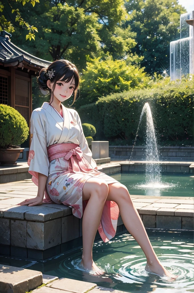 anime style, super fine illustration, highly detailed, dynamic angle, beautiful detailed, 8k, Japanese clothing young girl, about , playing in a fountain with their clothes on, on a summer afternoon; the Japanese clothing young girl, about , are smiling and the water splashes are sparkling (sparkle: 1.5). BREAK The bright sunlight reflects off the fountain, creating a lively atmosphere.