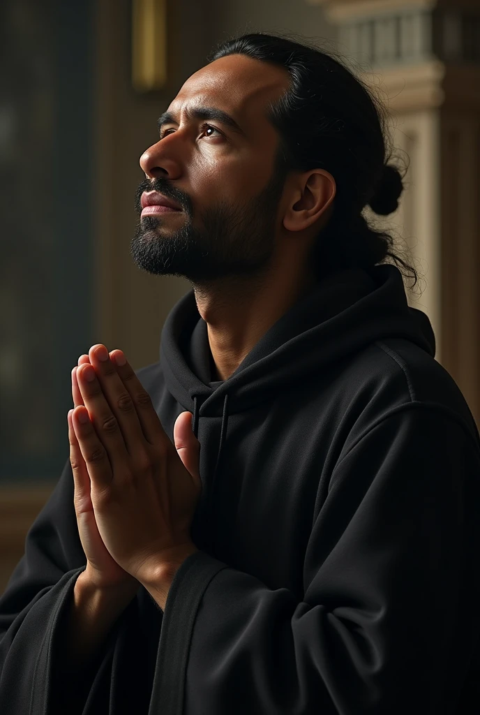 Make me an ultra realistic image now, com qualidade 8k. Where the image represents a person with unshakable faith. And that shows the act of prayer and that generates an aspect of strength, strength, courage, boldness and a lot of confidence
