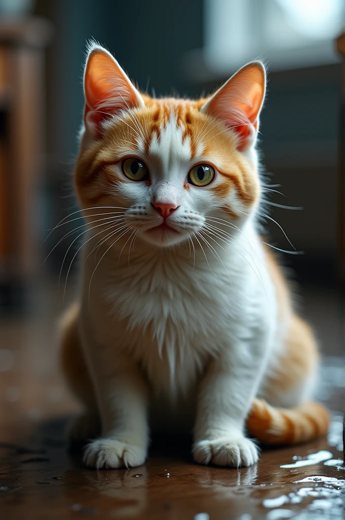Sad cat because he got wet