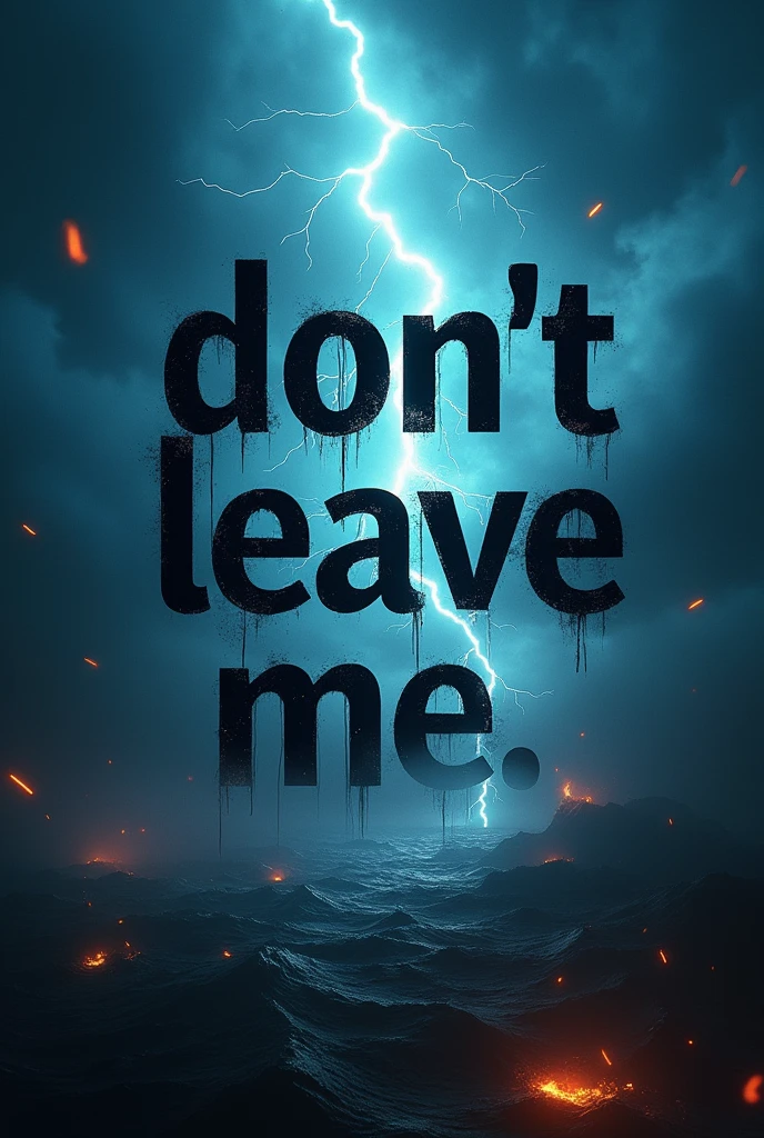 An image saying 'DON'T LEAVE ME" in black, with blue background with lightning and fire