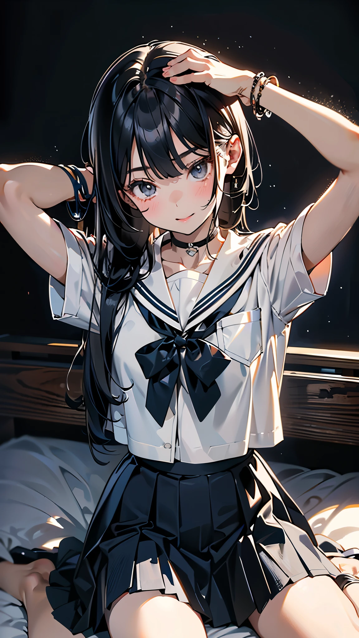 (8k, RAW Photos, 最high quality, masterpiece:1.2), high qualityのRAWカラー写真, Professional photo shoot, Cinematic Light, night、Late night、alone, (((young woman, Gal))), (Sharp features), (Small face), (Skin with attention to detail:1.2), clavicle, Cute Face, Beautiful appearance, Long eyelashes, smile, (Black Hair, Long straight line), high student, Navy knit vest、, White shirt,Roll up your sleeves、bracelet ((Mini Pleated Skirt)), bedroom, Embarrassing, sad, Artistic painting,Attractive thighs, White socks、(Very nice touch:1.2), (Watery eye), sad雰囲気, Oil painting style, Dark colors, (Lie face down on the bed), Smooth texture, Beautiful Skin, Glowing Skin, ((Perfect Fingers, Five Fingers, Anatomically correct)), Background Blur, high quality, Surreal, ((Very detailed, photo shoot)),blush、、Embarrassing、Embarrassing、blush、Put your hands on the ground、((Accentuate your butt))、Sleeping on your stomach、(((head down, hip up pose)))、((Backwards))、Rear view、Spread your legs