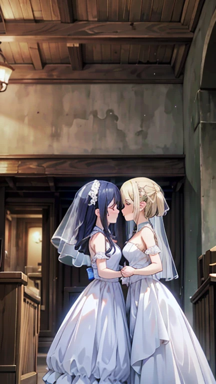 Wedding ceremony, wedding chapel, two women in wedding dresses kissing, two women of different types