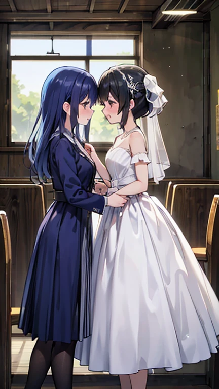 Wedding ceremony, wedding chapel, two women in wedding dresses kissing, two women of different types