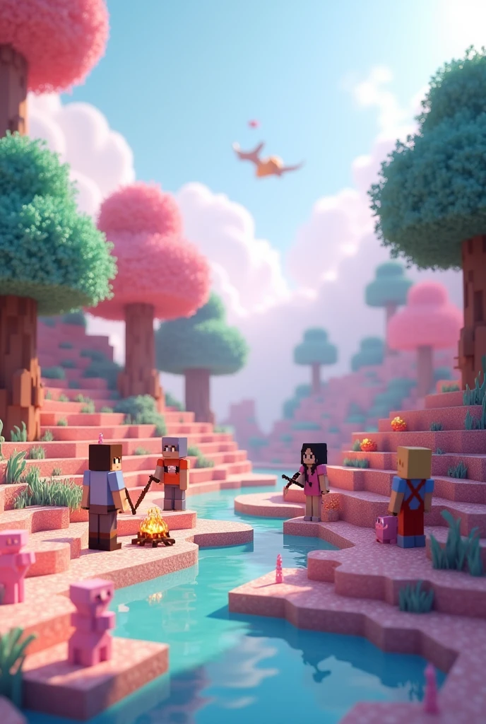 Could you imagine an image of a minecraft server with a pastel world and several players?