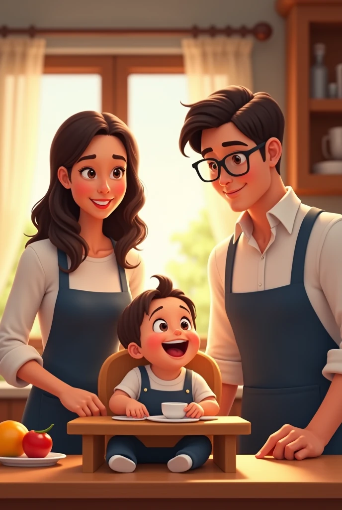 animated mom with a dark brown wavy hair and dad with glasses, both wearing a white shirt and a dark blue apron preparing a breakfast while the baby is sitting on a brown high chair, giggling and drooling