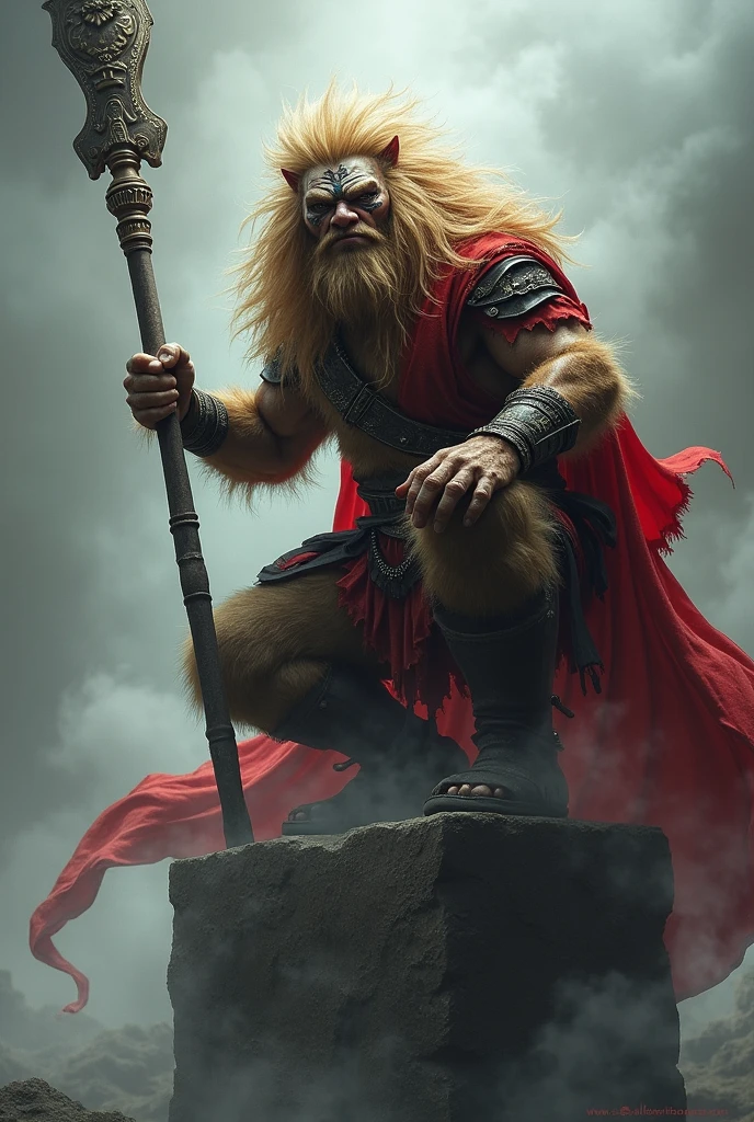 Create an epic fantasy illustration of Black Myth Wu Kong a fierce warrior. The warrior is crouching on a pedestal, holding a long, ornate staff in one hand. He has a muscular, fur-covered body, with a mane of wild, golden hair and a fierce, determined expression. His face is painted with tribal markings, and he wears a mix of armor and tattered cloth, with a red cape billowing behind him. The background is misty and atmospheric, with clouds and smoke swirling around, giving the scene a mystical, otherworldly feel. The color palette should include dark and muted tones, with striking red accents