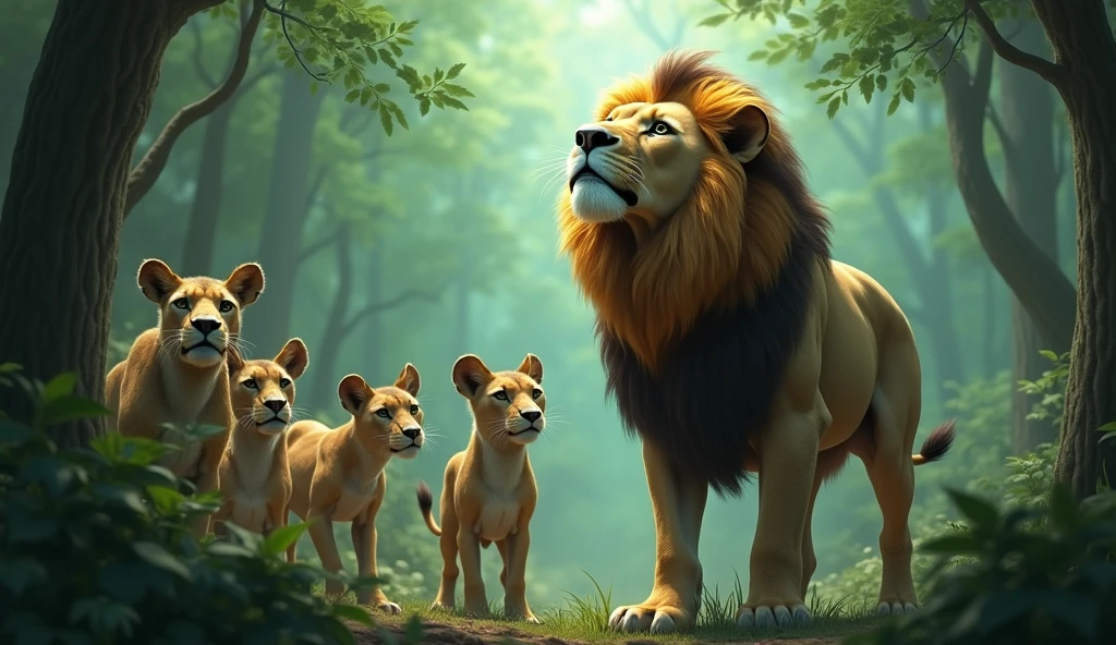 "Suddenly a strange wind starts blowing in the forest. The animals look shocked and scared. The leaves of the trees are swaying in the gentle breeze, and the faces of the animals are worried. The lion has its head raised, as if looking into the wind."
