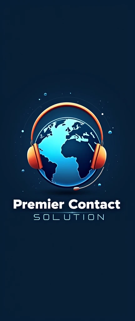 Logo for a call center that has a headset to take calls and that is placed on the planet Earth and that says Premier Contact Solution below 