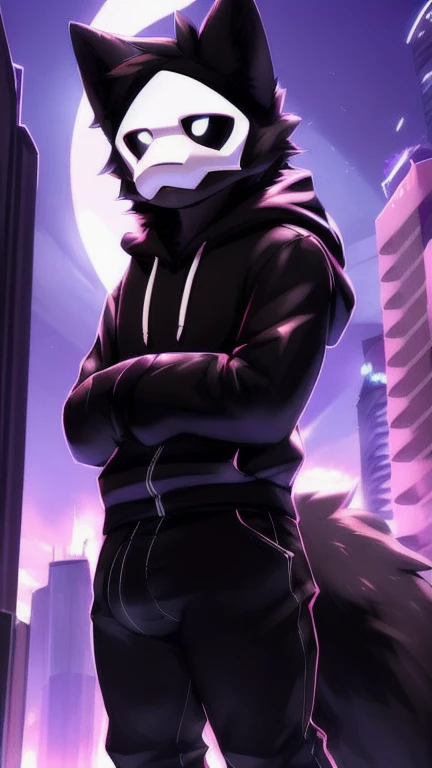 by zackary911, (coffeesoda:1.1), hioshiru, zackary911, puro, anthro, male, solo, (((full body))) clothing, fur, 2022, black clothing, hoodie, black topwear, lidded eyes, black hoodie, cyberpunk city background, huge gigantic hyper erect pants bulge