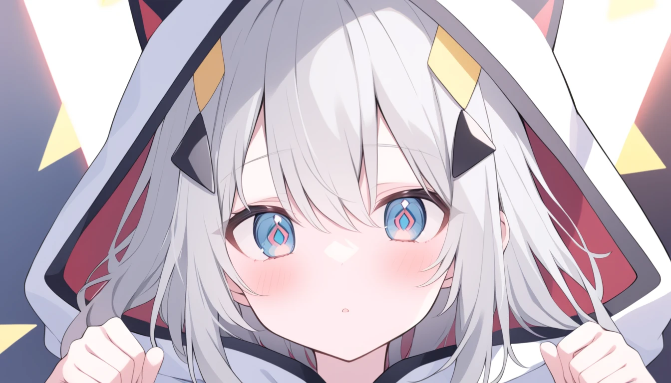 Thin gray hair Red light in blue eyes Widely opened eyes looking at the camera White hoodie Blue and black line pattern Diamond-shaped hair ornament A yellow triangle on the bottom of the hair accessory Black triangle on the hood2t 20age