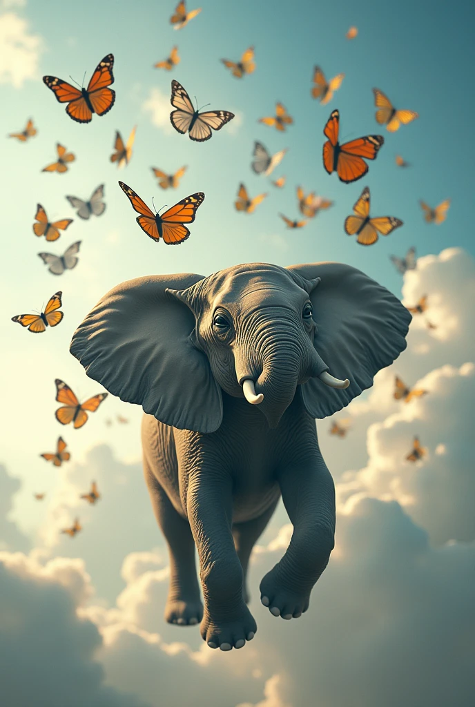 An elephant is flight by thousand butterflies