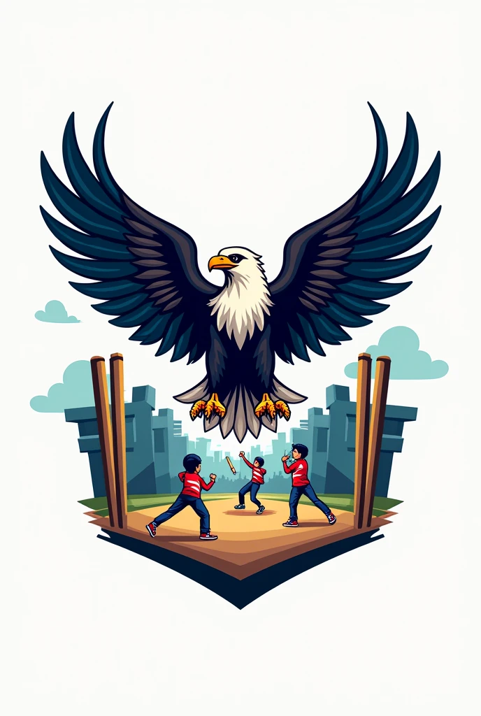 Create a logo with open wing eagle and PUT name STREET PREMIER LEAGUE AND ADD CHILDREN PLAYING CRICKET with cricket bat and ball having both side stumps in Indian local street and add name STREET PREMIER LEAGUE
