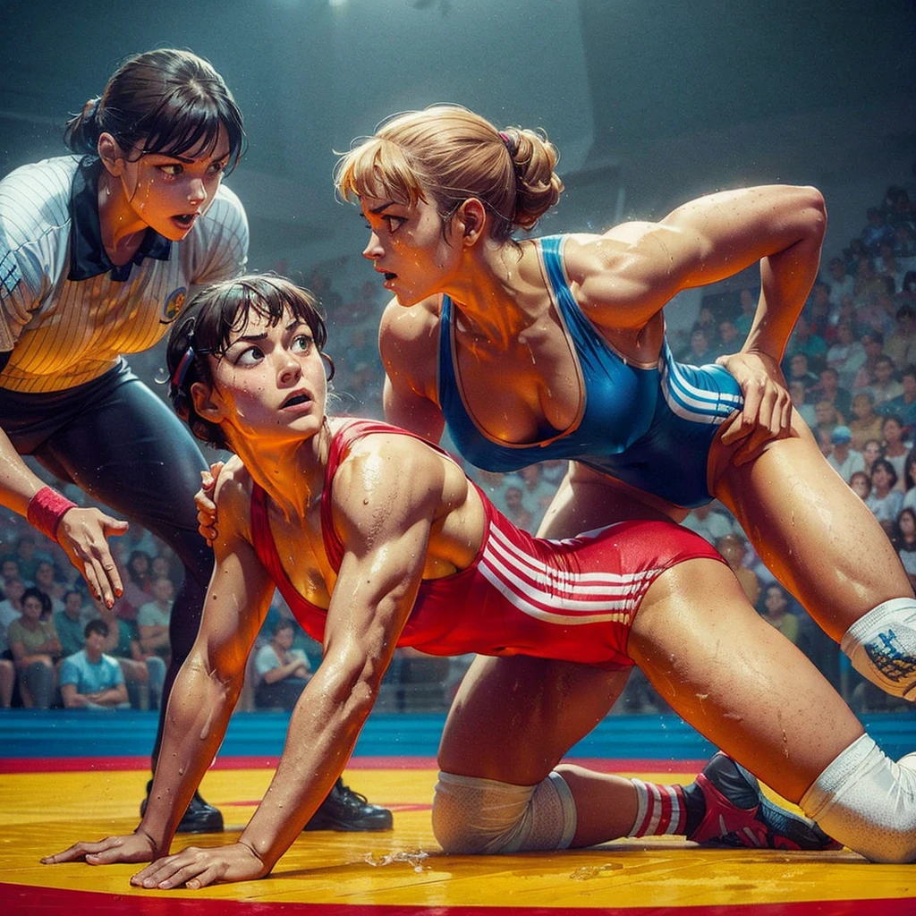Womens freestyle wrestling, one piece swimsuits, wet sweaty bodies, European faces