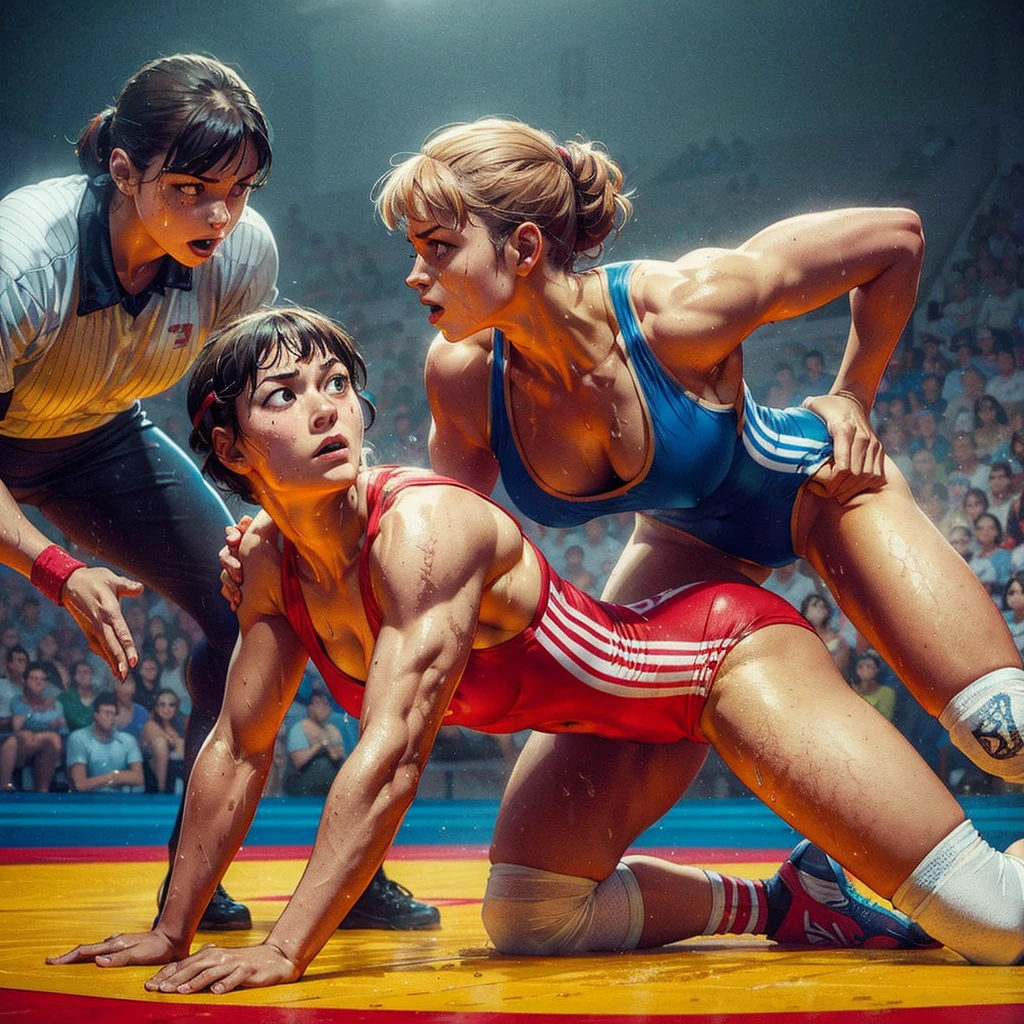 Womens freestyle wrestling, one piece swimsuits, wet sweaty bodies, European faces