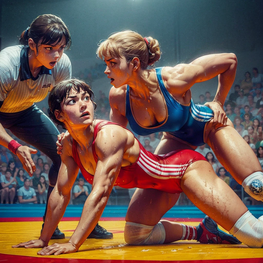 Womens freestyle wrestling, one piece swimsuits, wet sweaty bodies, European faces
