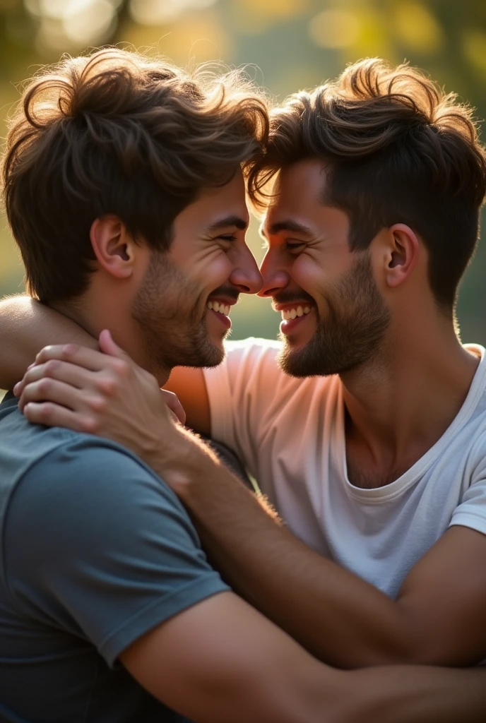 Here’s a detailed prompt for generating the image:
```json
{
"prompt": "A hyperrealistic, high-definition photograph of two young men in their 20s embracing with deep affection. The image is captured with an 85mm lens, providing a shallow depth of field that beautifully blurs the background while keeping the subjects in sharp focus. The men are close, one with his arm wrapped around the other, their faces nuzzled close, displaying genuine love and tenderness. Their expressions are soft and content, with eyes closed or gazing at each other lovingly. The lighting is warm and natural, enhancing the intimate moment, while the background, slightly out of focus, hints at a peaceful outdoor or cozy indoor setting. Every detail, from the texture of their skin to the strands of hair, is captured with stunning clarity.",
"size": "1024x1024"
}
```