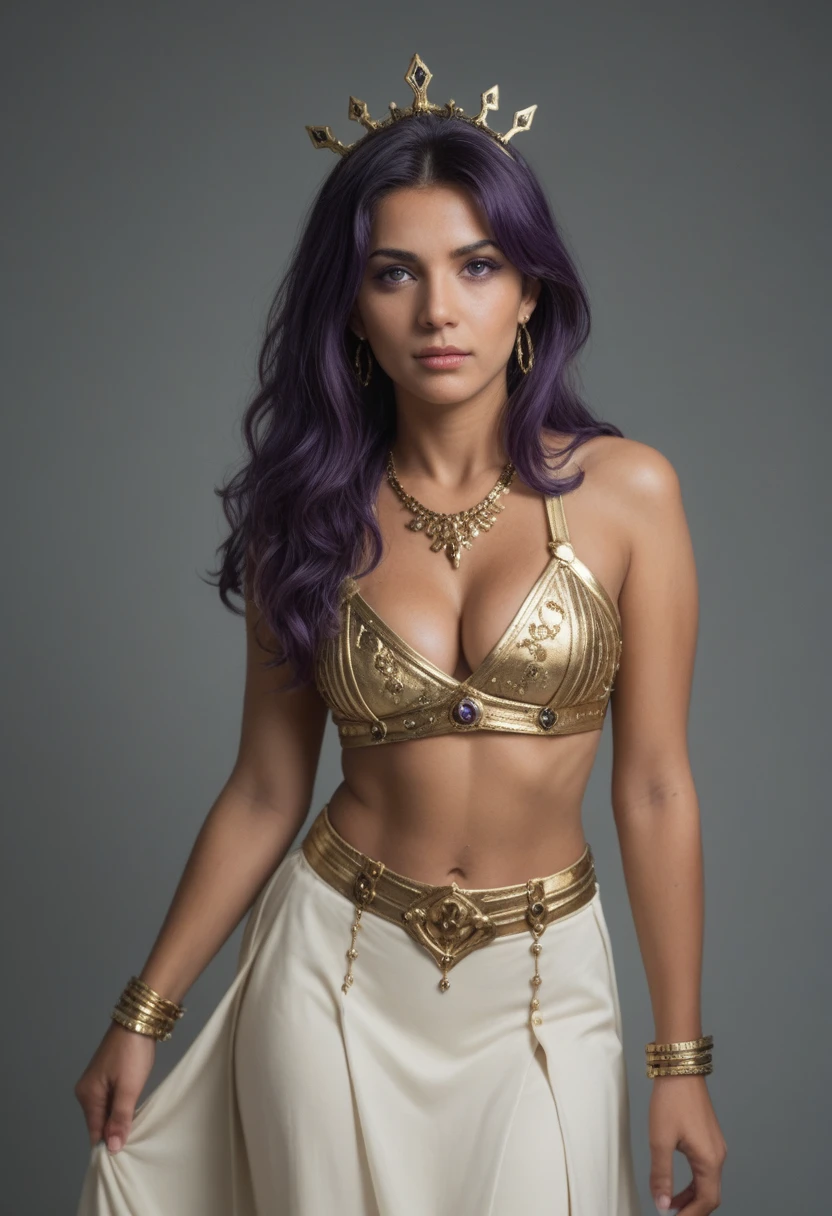 masterpiece best quality, highly detailed, 8K RAW photo, bokeh, danmachiishtar, makeup, tiara, revealing clothes, skirt, jewelry, earrings, necklace, bracelet, cleavage, dark skin, contrapposto, purple hair, purple eyes, cowboy shot, simple background, unaestheticXL_bp5