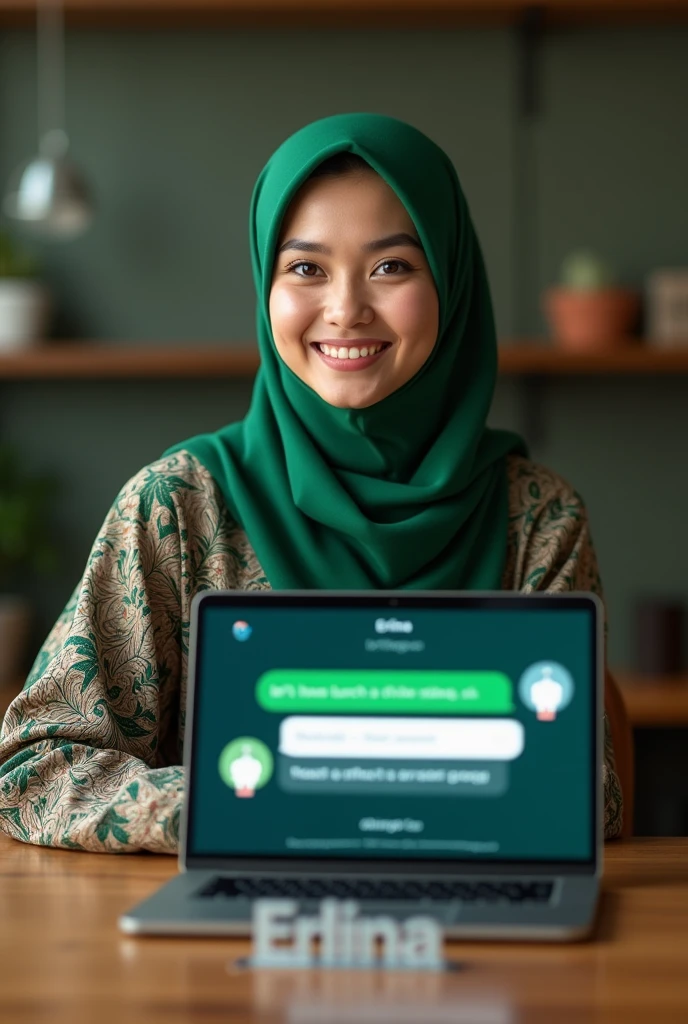realistic photo of a beautiful Indonesian woman wearing a green batik hijab sitting on a chair facing a laptop at a table, Acrylic table nameplate with “ERLINA” written on the top, holding smartphone, WhatsApp conversation display appears, make sure the question says "Let's have lunch at the usual place, sis" and the answer says "ready". very detail. realistic 16k.bold font