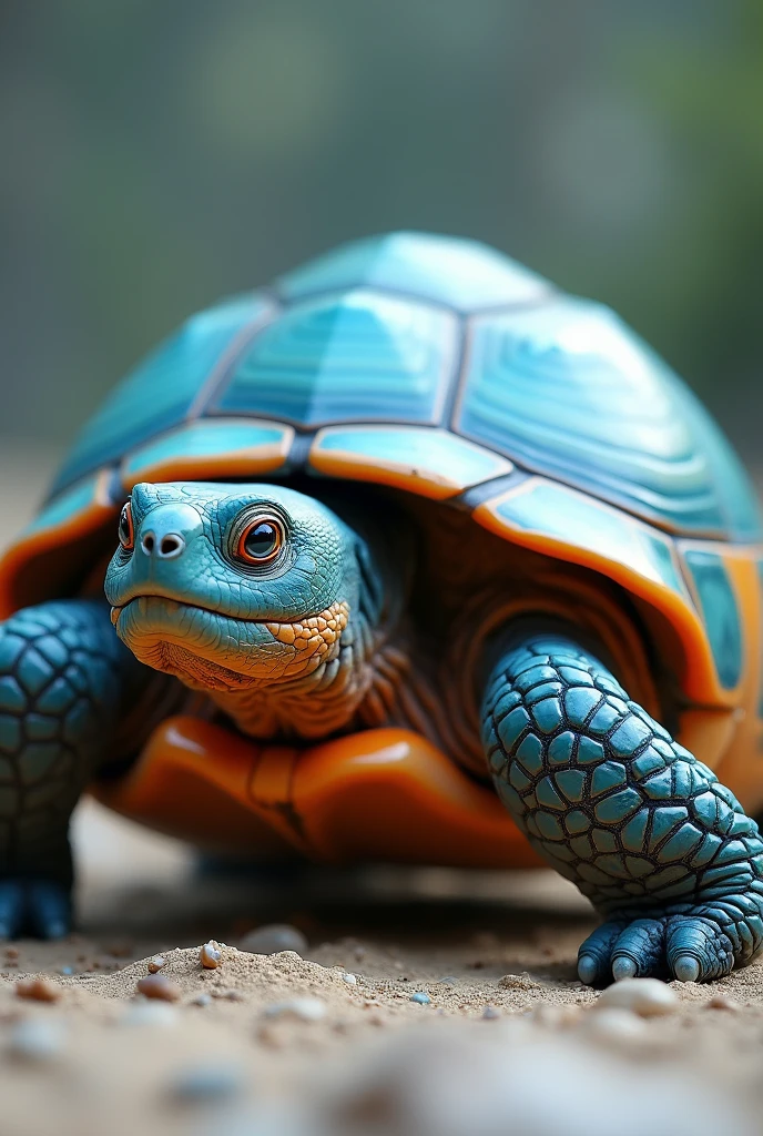Adult tortoise with cyan blue body, only his head and neck are orange, PICTURE REALISTIC.