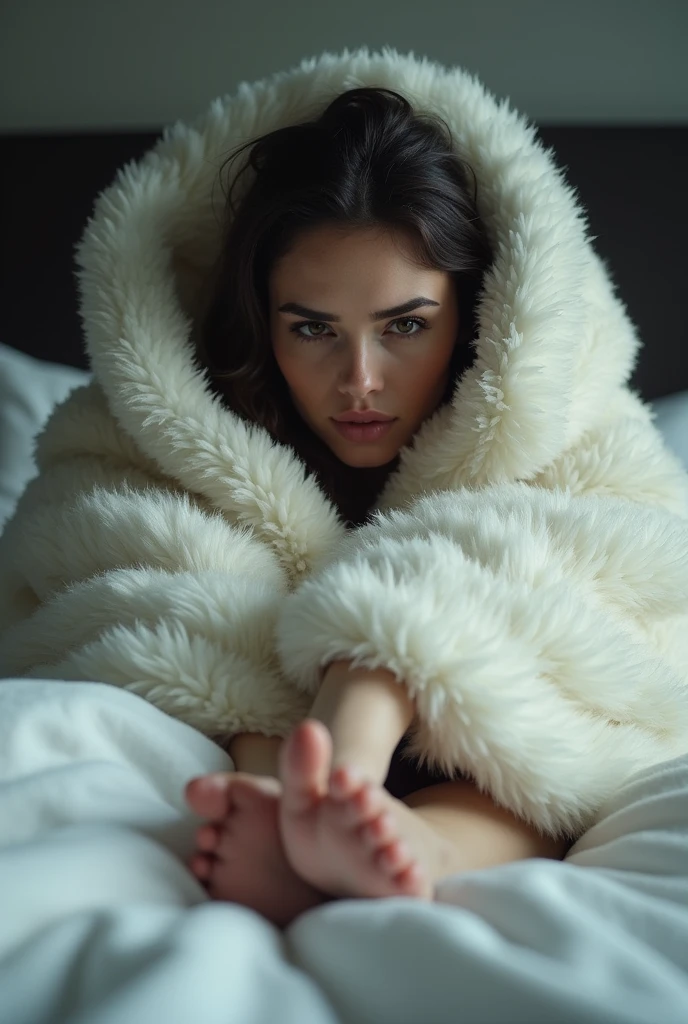 Une femme sexy qui a peur se fait engloutir par son plaid fausse fourrure blanc et elle est déjà à moitié englouti sur son lit on voit aussi c'est pied