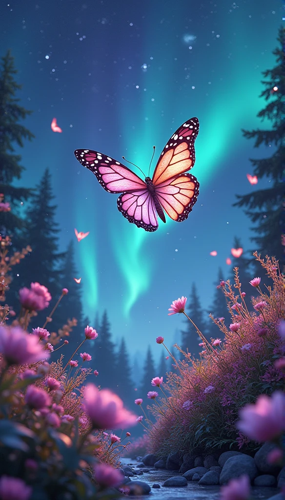 sunny, Starry sky, Aurora,Moonlight,Everything is expressed in jewels, The arrival of spring, 
, Beautiful butterfly,View from below, Falling from the sky々A gem, Amazingly beautiful scenery, Slightly hazy, wonderful, High resolution, 8k, (Highest quality, High resolution, Realistic:1.37), Shiny metallic flowers, Intricate and delicate petals, Reflective surface, Vibrant colors, Intricate details, Close-up view, 超Realisticな庭園, 超Realisticな美しさ, Dreamy atmosphere, Fine art, Abstract Plants, Metallic engraving, Contrasting Textures, Mysterious glow