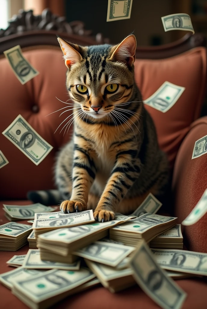 Génère moi une image de chat adulte de corpulence maigre , tigré ultra réaliste. Il est en train de compter des billets de banque sur un canapé de luxe. Il y’a beaucoup de billet autour de lui, avec des billets qui volent !  Il est très content et excité ! 