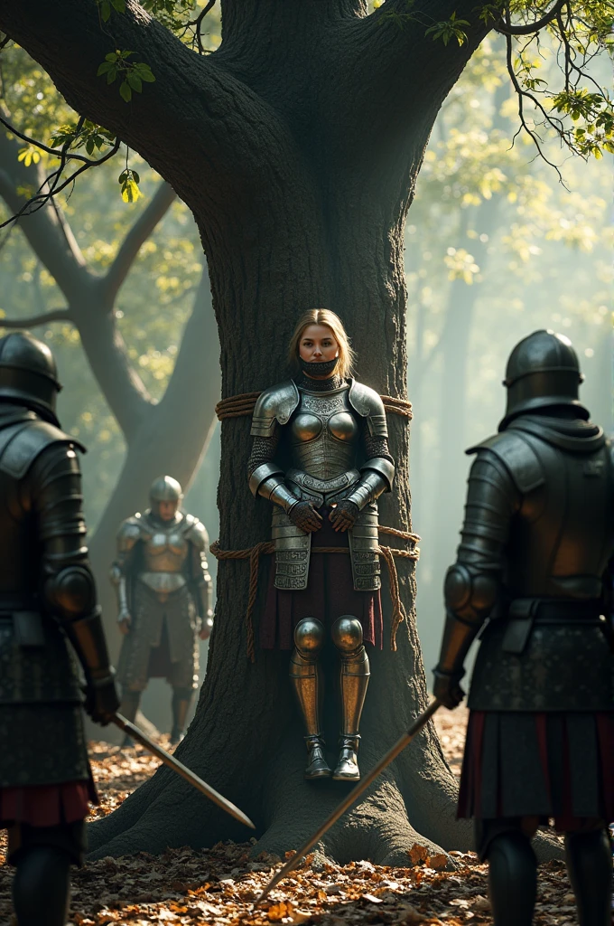 The scence appears to be from old time with a woman wearing an armor tied to a tree with a rope and soldiers with swords and the woman is gagged
