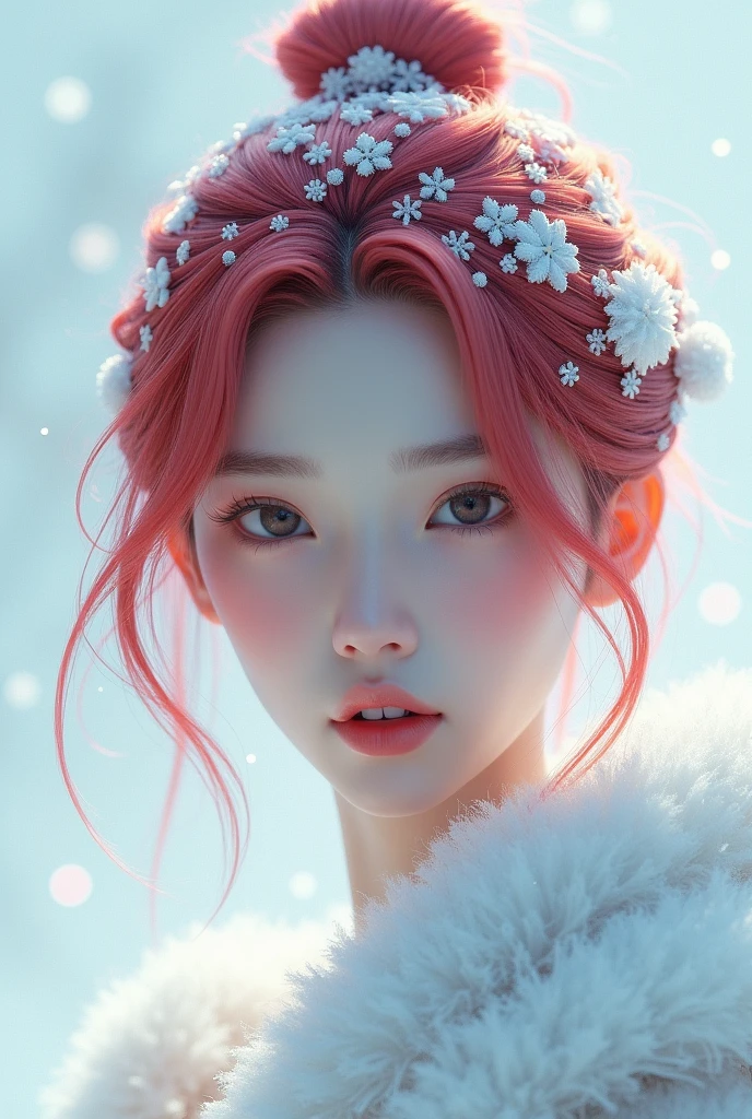 ((hyper detailed)) realistic, 1 female, female face, with red and whute hair color,snow girl, cute and beautiful, focus detailed eyes, lips and nose, short hair, tied, very korean look,((rendered in blender)), ((show only head and neck)), ((floating)), ((3d Work in progress)). ((3d style)) wide view camera facingnin front. center position.