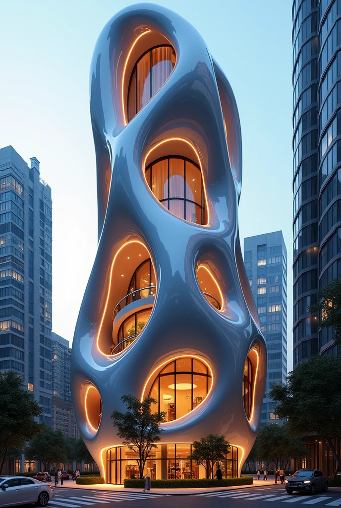 Modern penthouse building in a shape of a light bulb. It has a unique design and nice lights. It has a lot of details. Show the exterior of it.