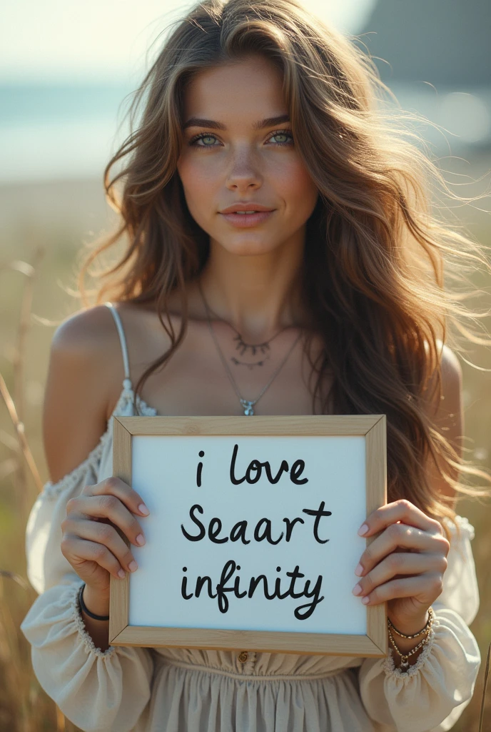 Beautiful girl with wavy long hair, bohemian dress, holding a white board with text "I Love Seaart Infinity" and showing it to the viewer