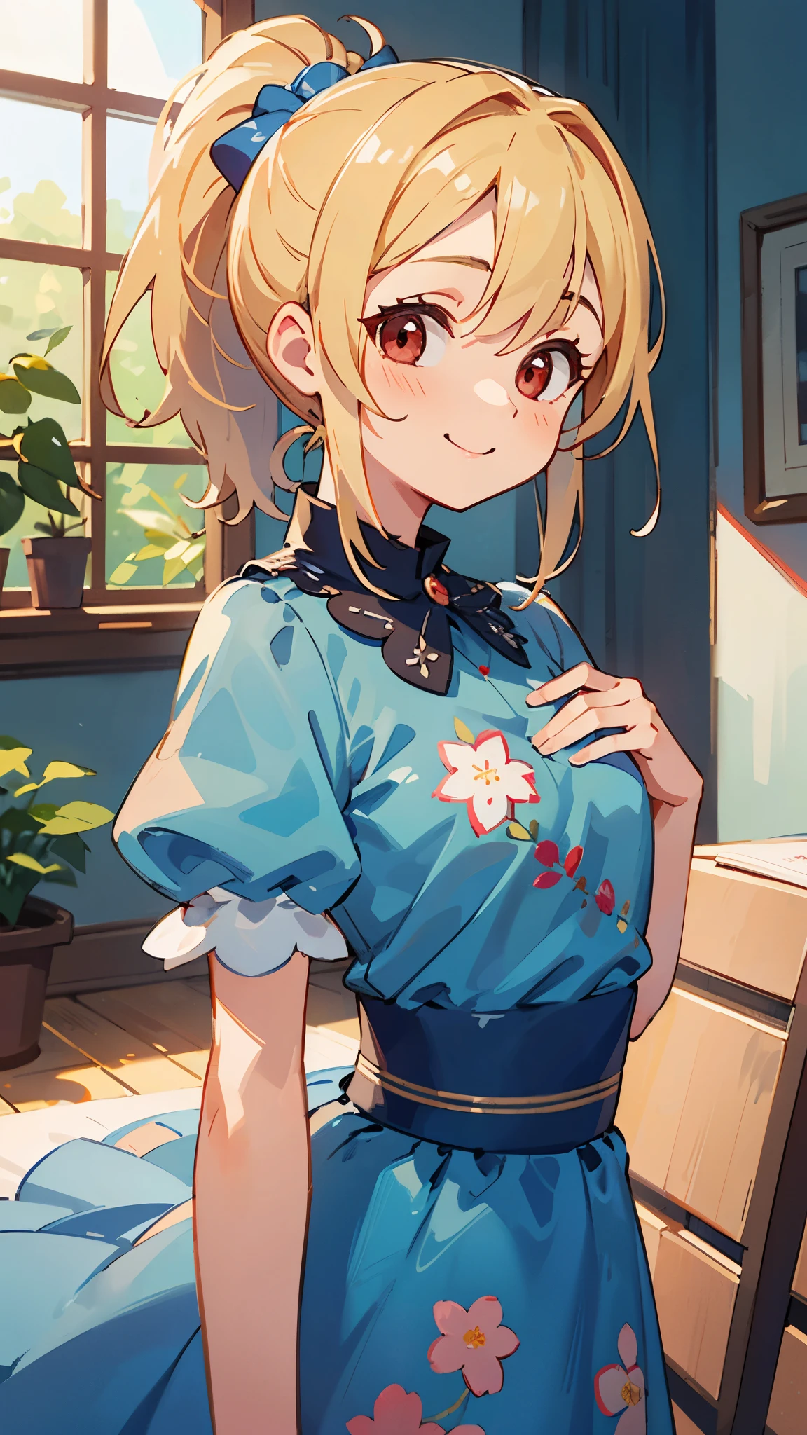 Highest quality、 girl standing in a room、High resolution、Beautiful details、Quiet atmosphere、Small breasts、Blonde ponytail、Round red eyes、Cute Smile、wearing a blue floral dress、Upper body close-up、