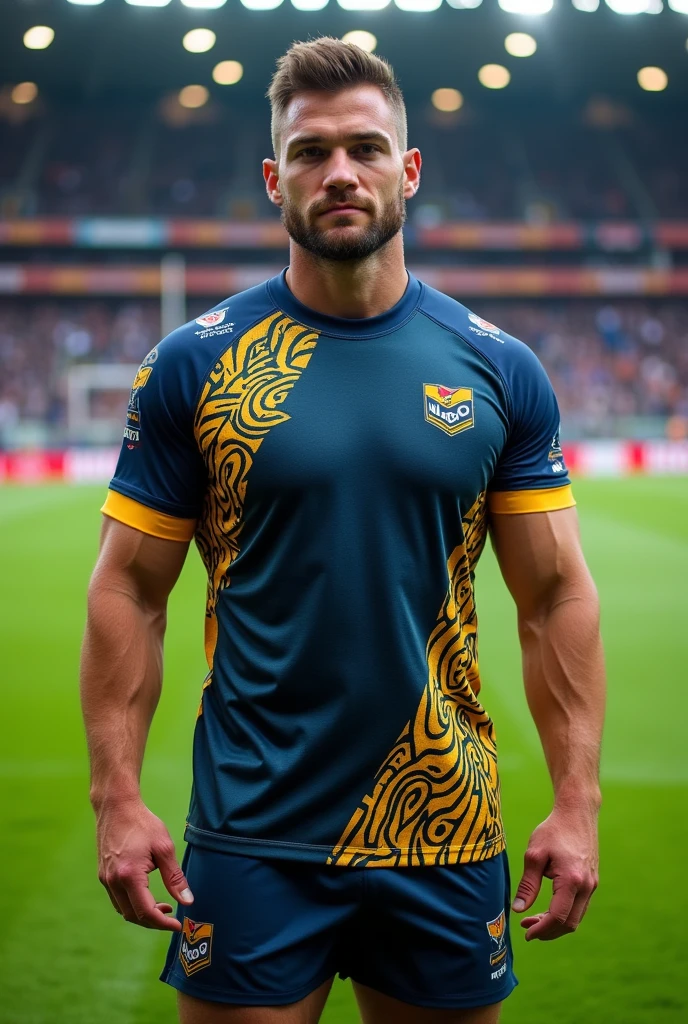 Create rugby jersey for me maori pattern on left right side yellow blue stripe