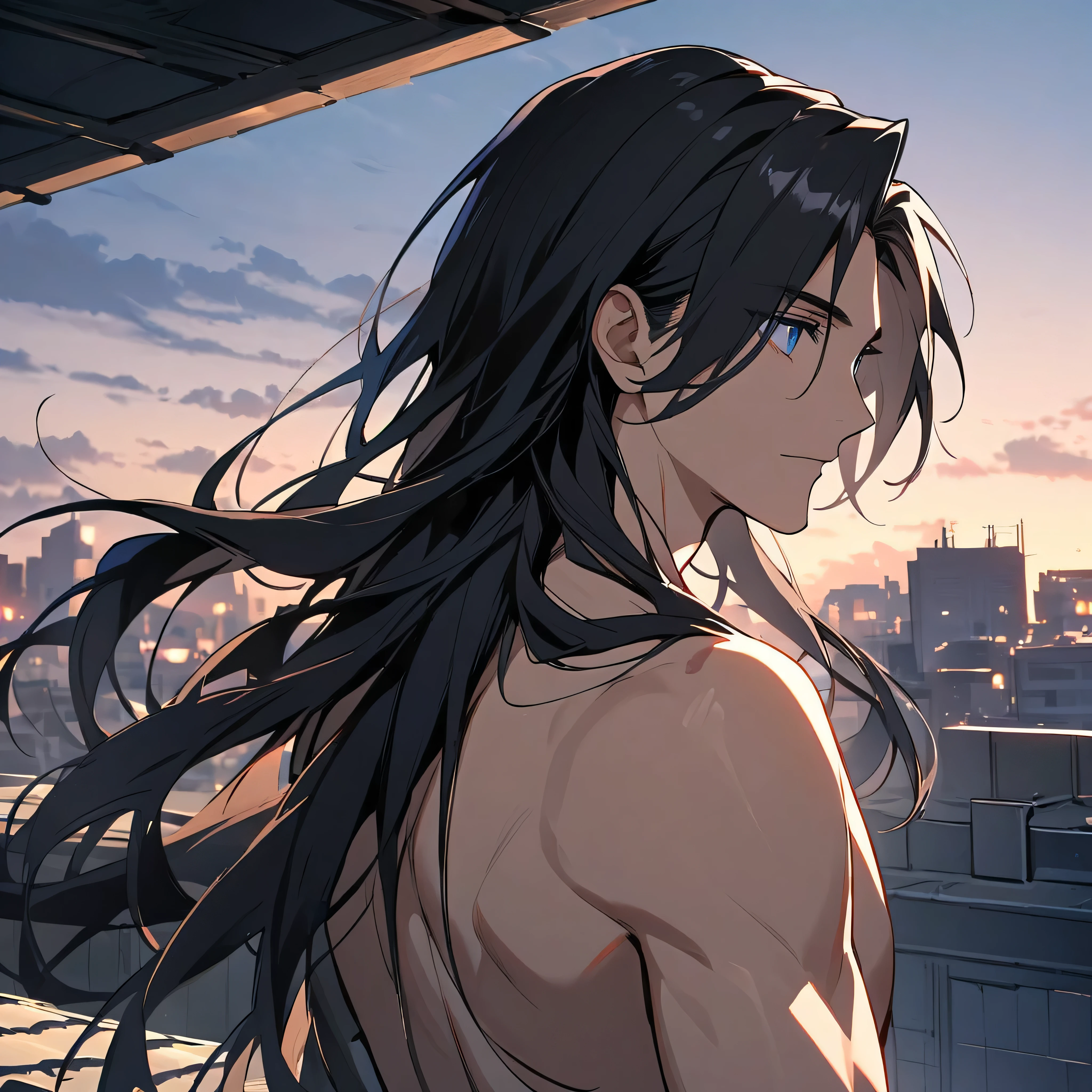 Handsome, solo, 1 male, long hair, black hair, blue eyes, shirtless, rooftop background, upper body view