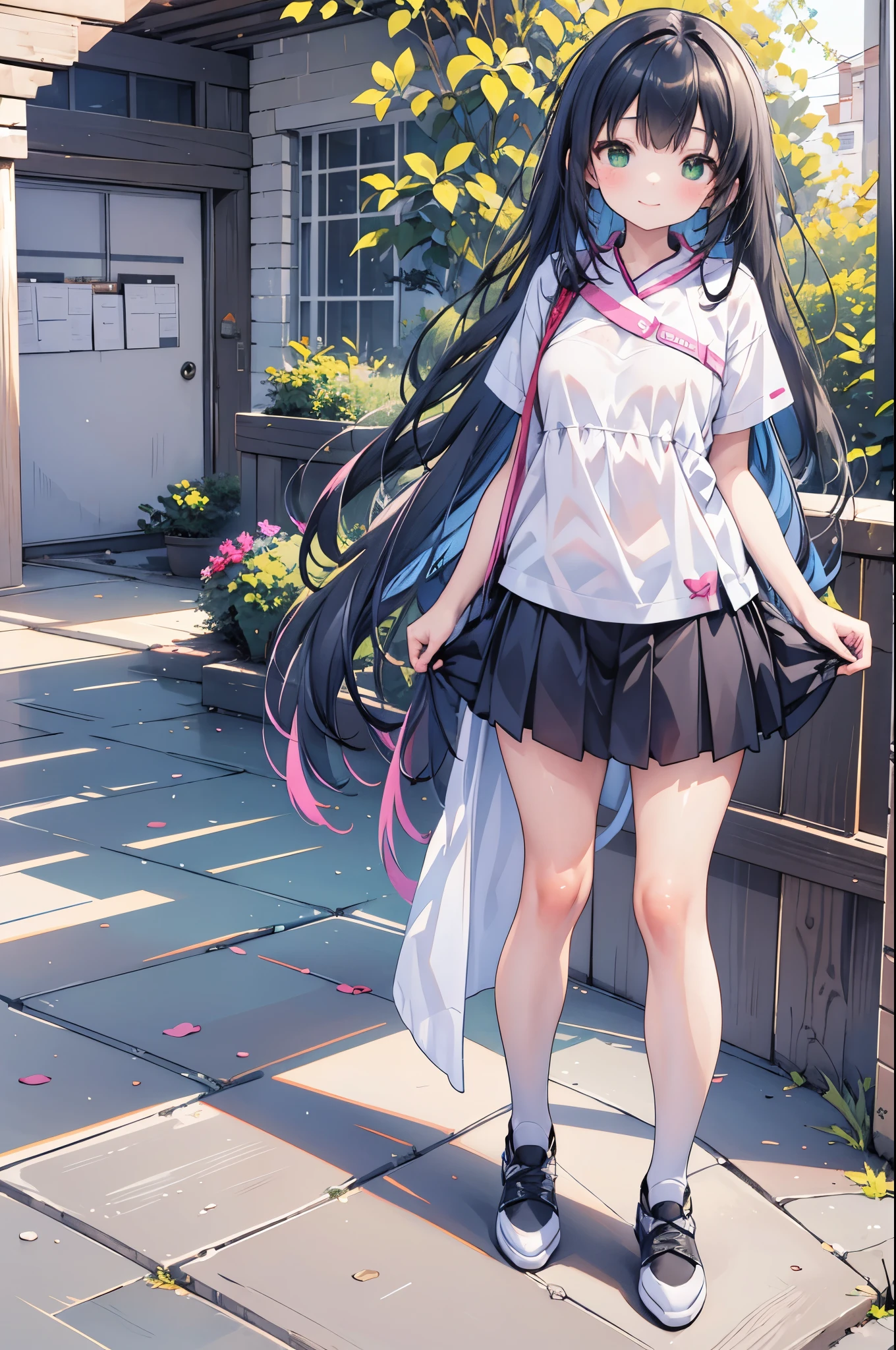 ((Highest quality, 8k, masterpiece: 1.3)), whole body,1 personの,1 person,,Glamorous Body,cute,With a smile,Black Hair,Beautiful emerald green eyes,long hair,While walking,stroll,Morning sunshine,White short-sleeved blouse,Grey mini skirt,Pink sneakers,summer,Big mountain in the background,