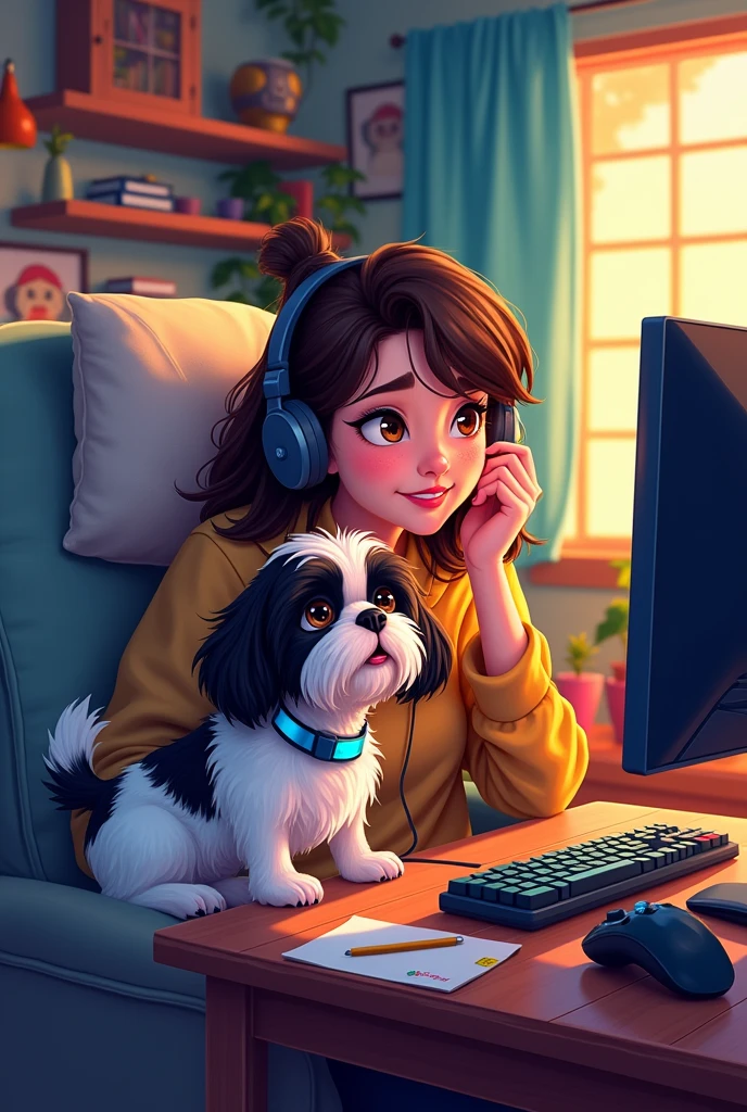 Gamer setup with brunette female gamer playing with black and white Shitzu on her lap, Disney art