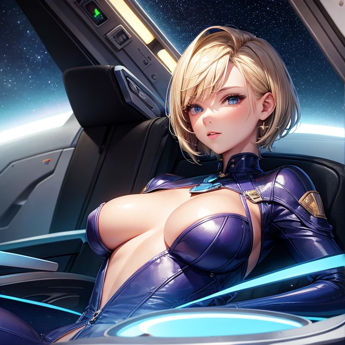 A young sexy woman with short hair and blonde hair in sexy clothes sits in a spaceship seat、A beautiful starry sky can be seen from the window.。