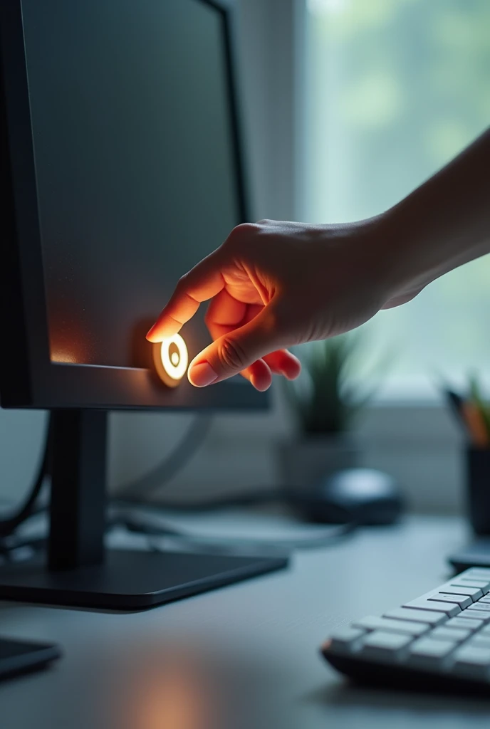 The first step shows a hand pressing the power button on a computer.