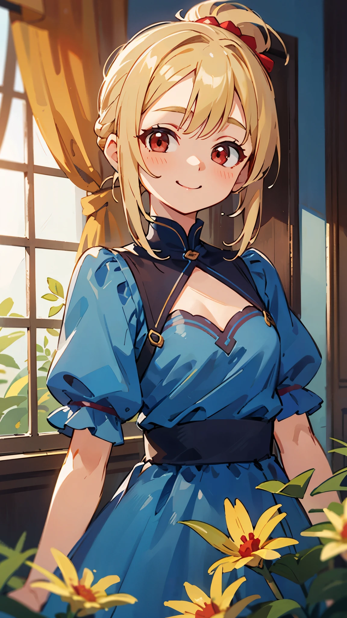 Highest quality、age girl standing in a room、High resolution、Beautiful details、Quiet atmosphere、Small breasts、Blonde ponytail、Round red eyes、Cute Smile、wearing a blue floral dress、Upper body close-up、