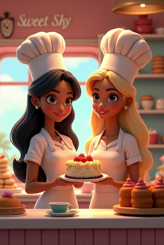 2 woman, black, hair blonde,smooth ass, bright and dark brown eyes, fine nose, peso78kg, cook hat, holding a cake with both hands, disney pixar.
in the background a candy store, display cases of bolo and tortas, name written sweet sky, sky realism