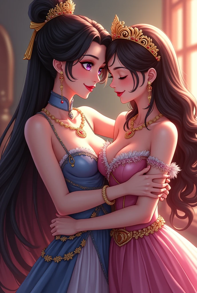 Two women: a mature noblewoman and a beautiful young princess:1.3,(Highest quality,Extremely detailed depiction,Incredible high resolution,Anatomically accurate depiction,Curvy Legs,Nice hands,Perfect Fingers,Glowing Skin,Oilskin),(A complex and elegant dress,Luxury accessories,Earrings,necklace,Bracelet,),eyelash,(Glowing purple eyes,Half-closed eyes:1.3,Large Breasts,Happy smiling princess,A noble woman with a bewitching smile,Glossy Red Lips,Noble lady and princess embracing each other:1.5,),whole body,High-quality anime art,